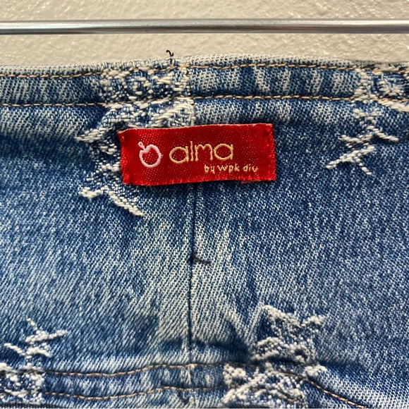 Vintage Flare Denim Midrise Jeans with Allover Embroidery Print Blue Medium Wash - Picture 5 of 7